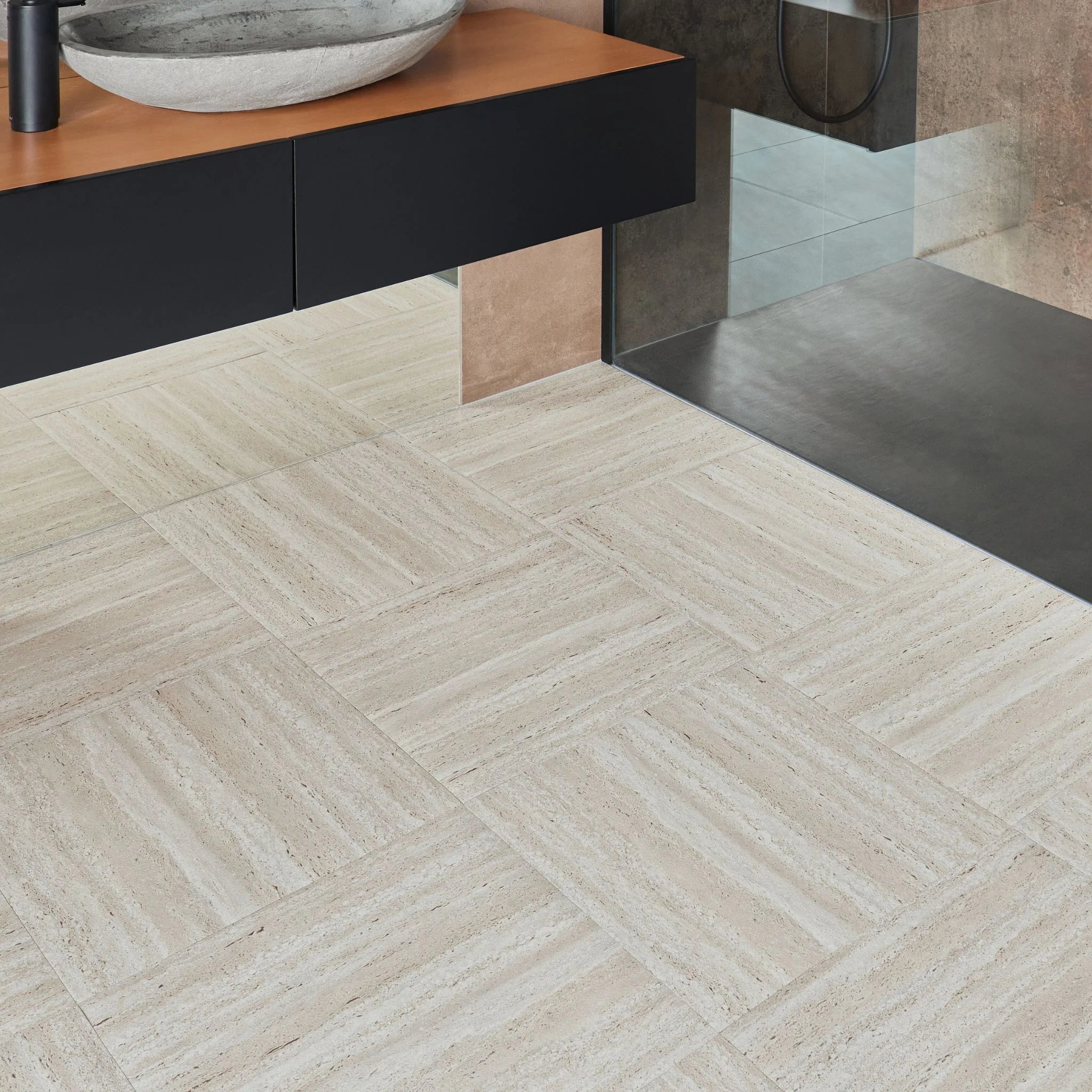 Stone beige vinyl tile flooring in a modern bathroom setting