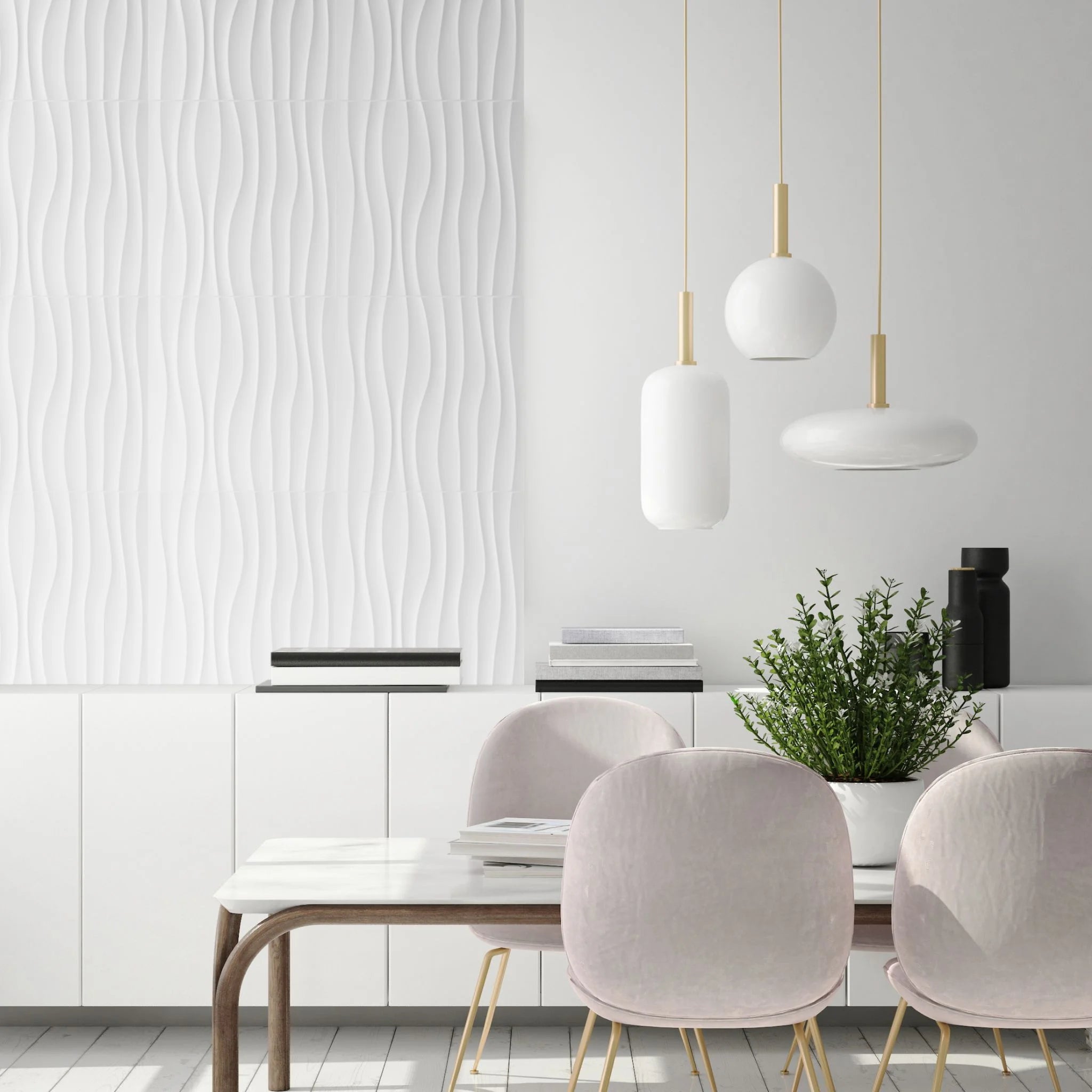 White PVC wall panel with wavy design in contemporary dining room