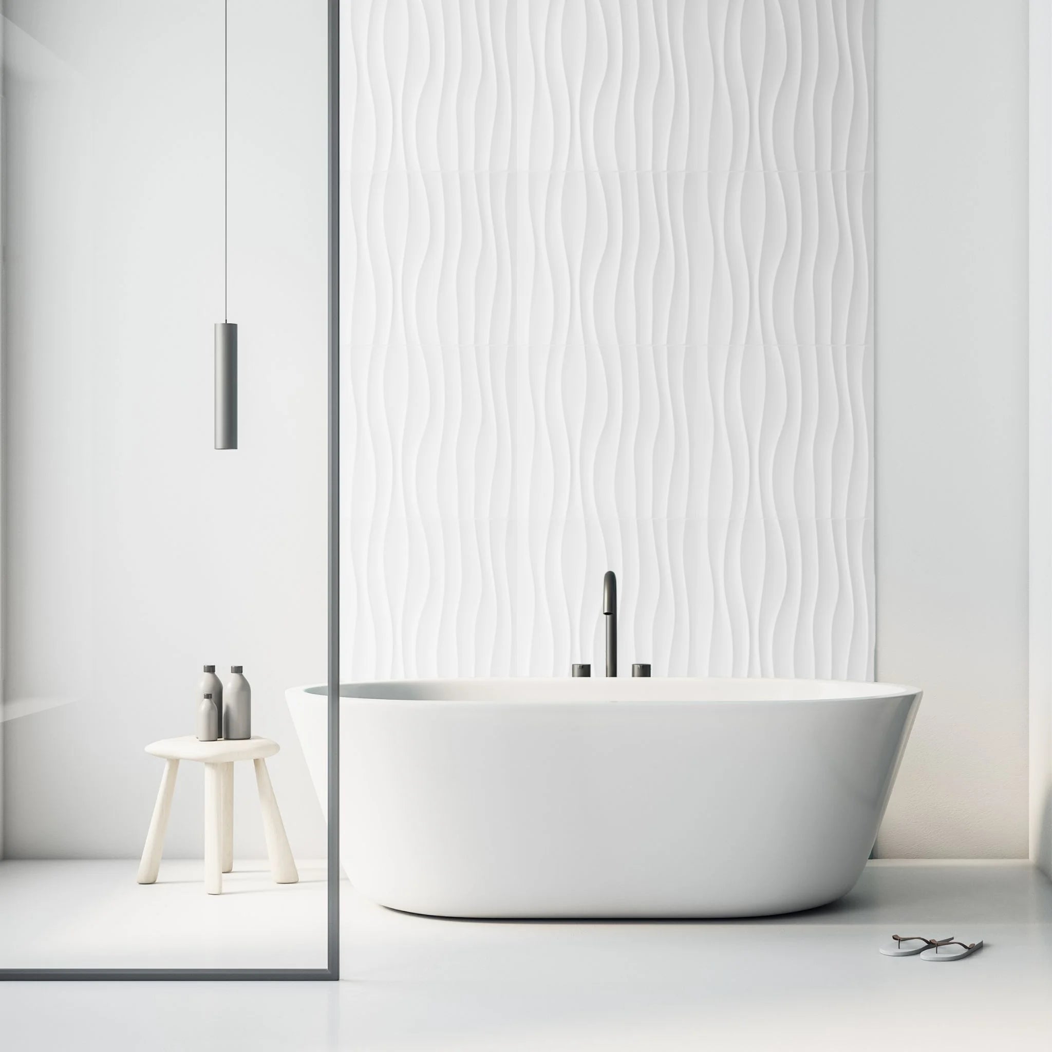 White PVC wall panel with wavy design in modern bathroom