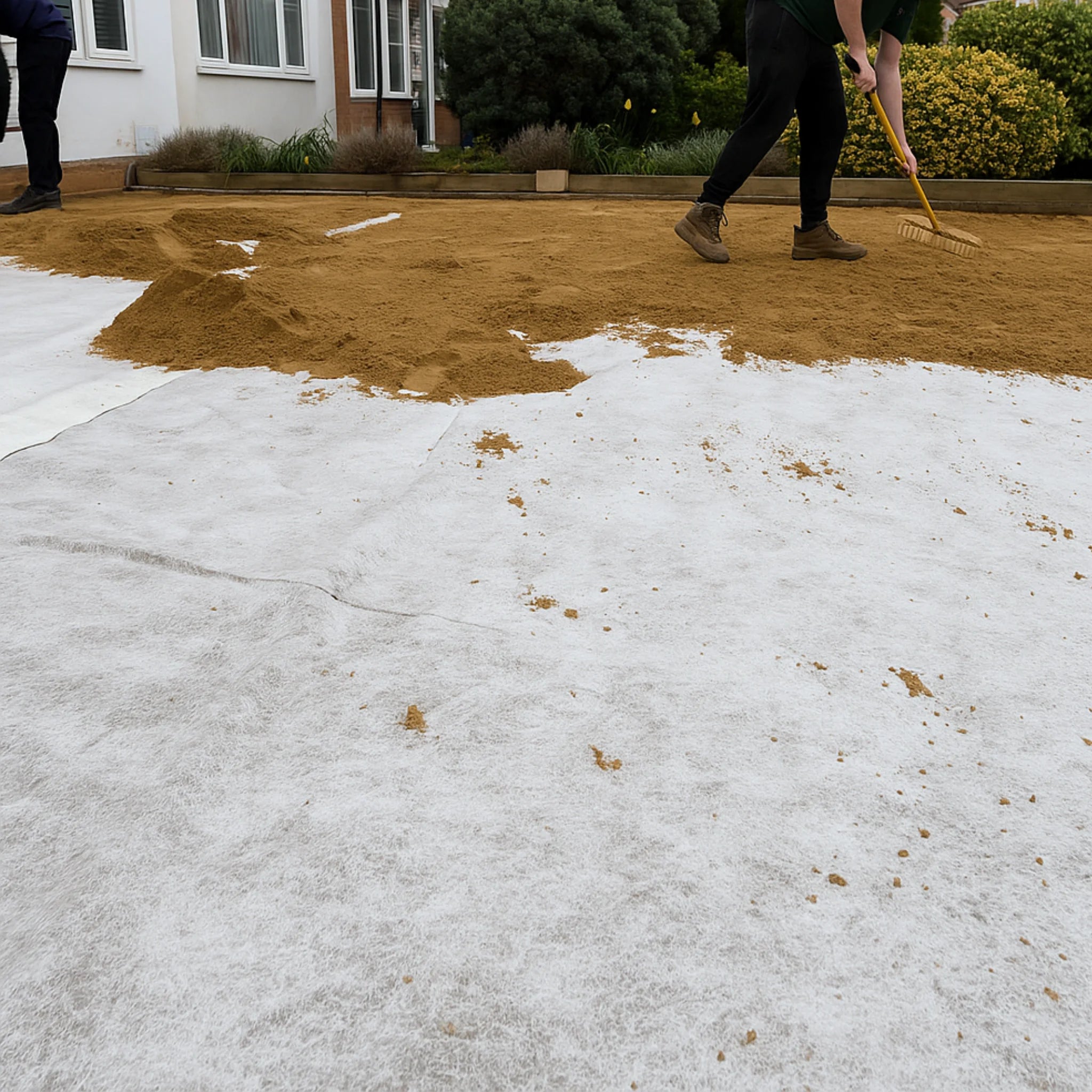 Weed suppressant membrane under soil being leveled