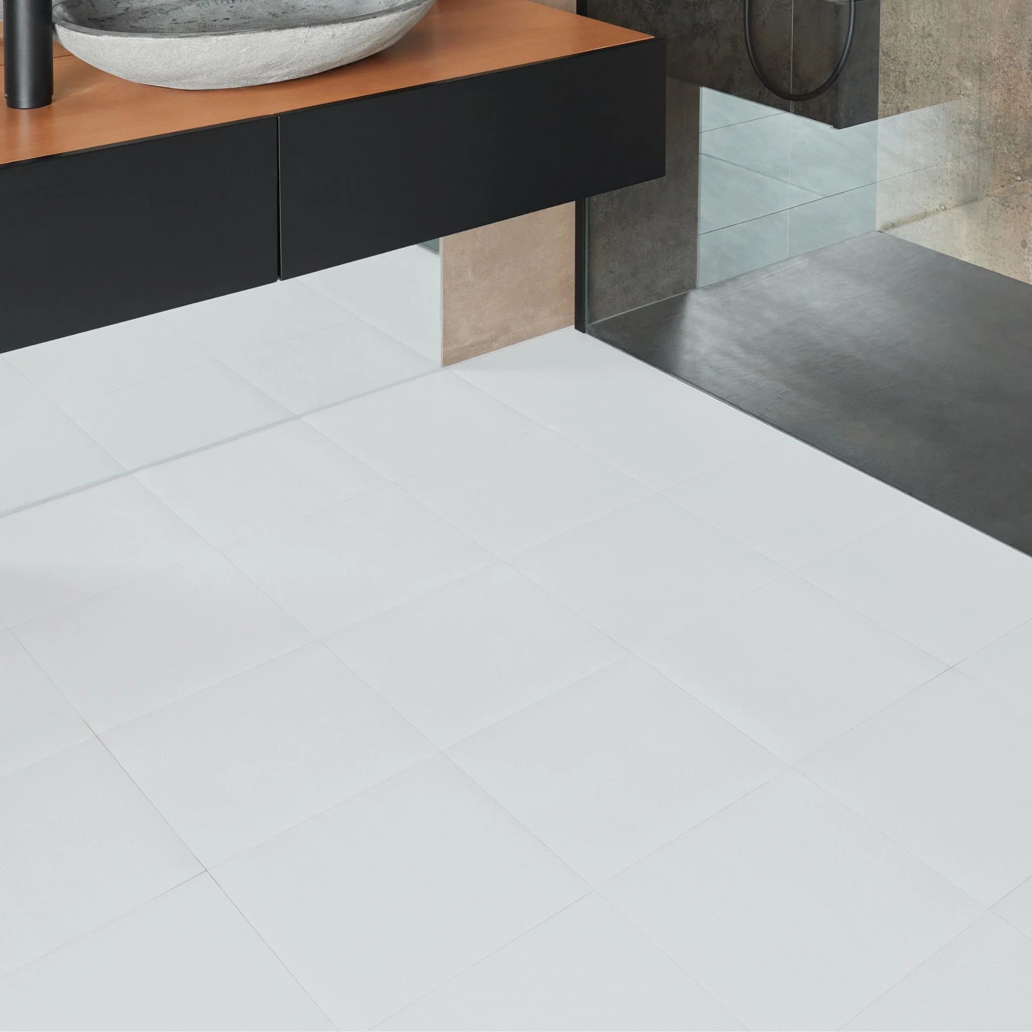 White vinyl tile flooring in a modern bathroom setting