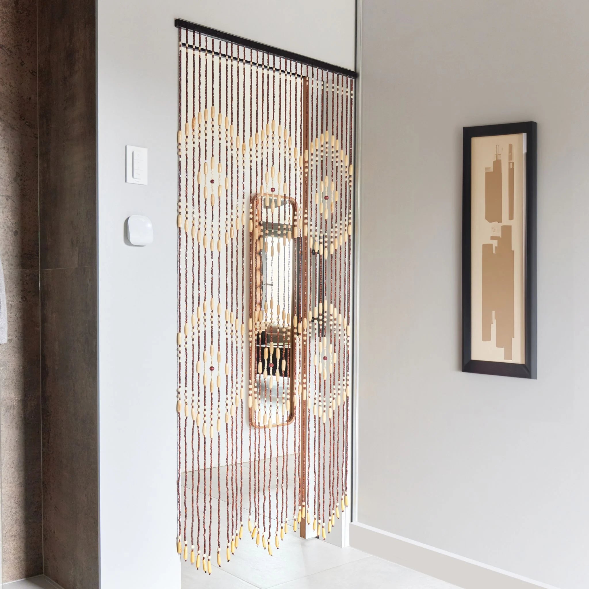 Door curtain beads hanging in a modern doorway