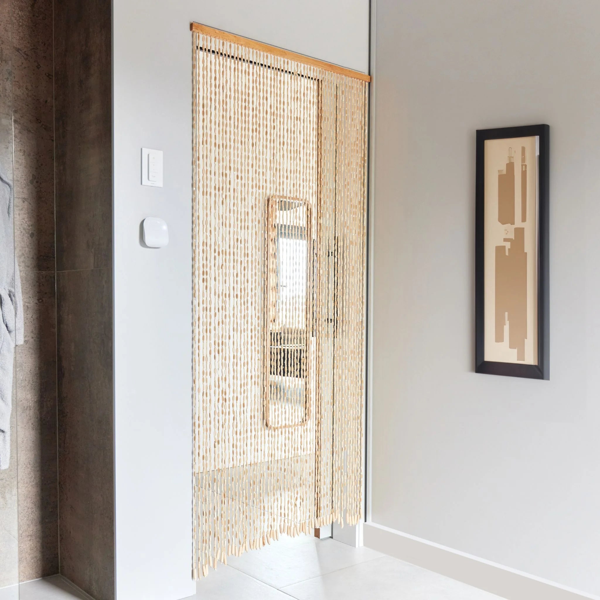 Door curtain beads hanging in a modern doorway