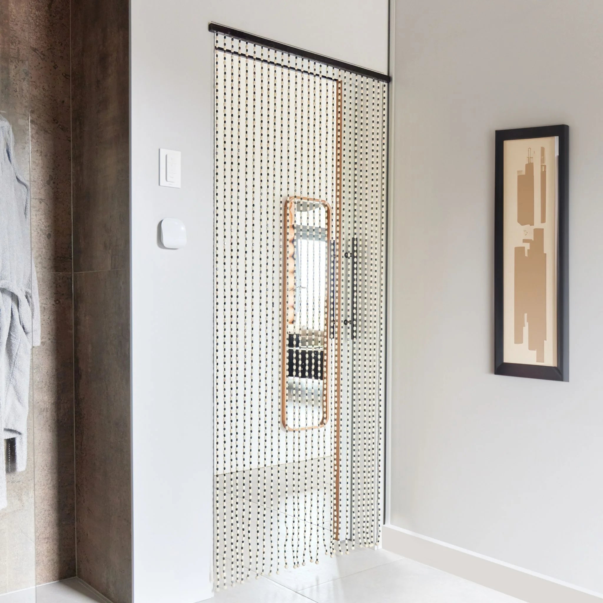 Door curtain beads hanging in a modern doorway