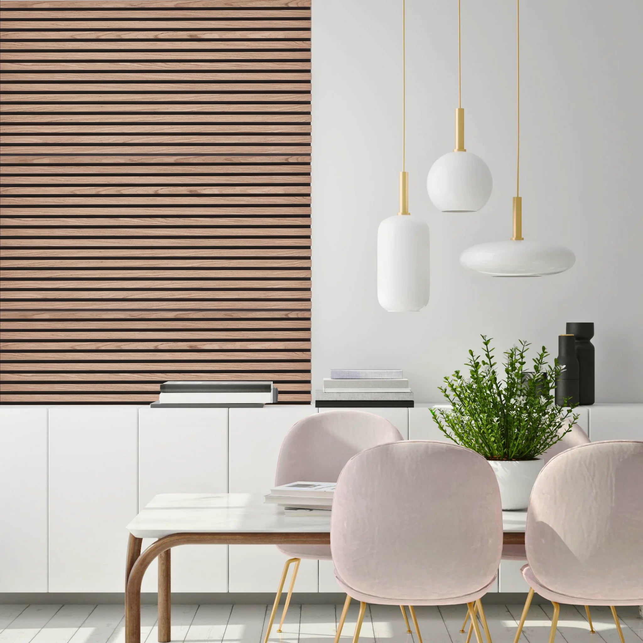 Modern dining room with wood slat acoustic panel